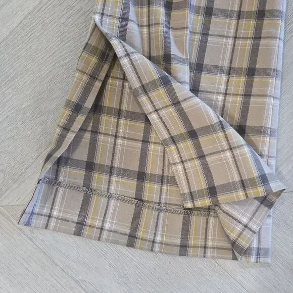 Zara Tartan Plaid Pants Womens L Tan Check Trousers Side Vents Leg Slit Academia - Picture 5 of 9